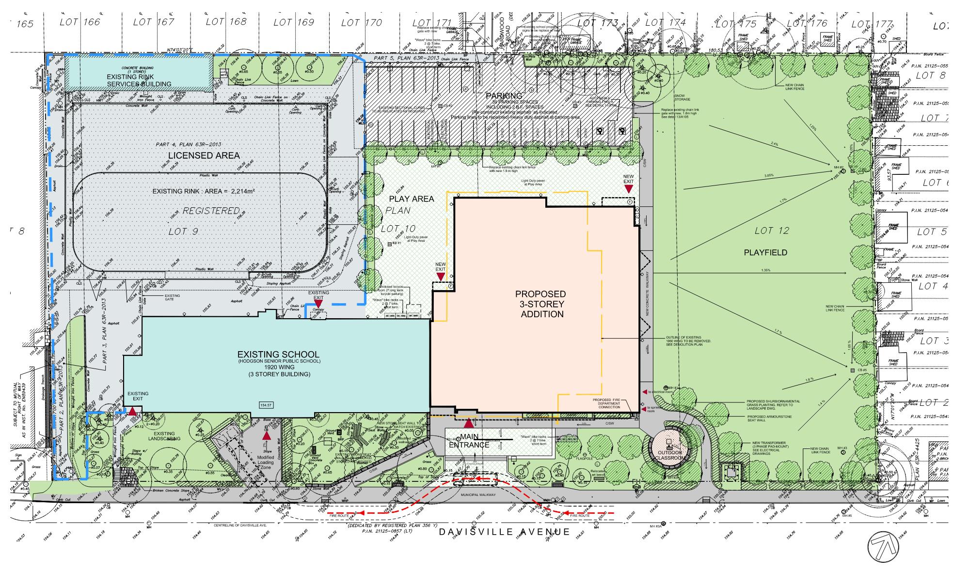 Architectural site plan looking down from above depicting the school & playfield after the project is completed. Open Gallery